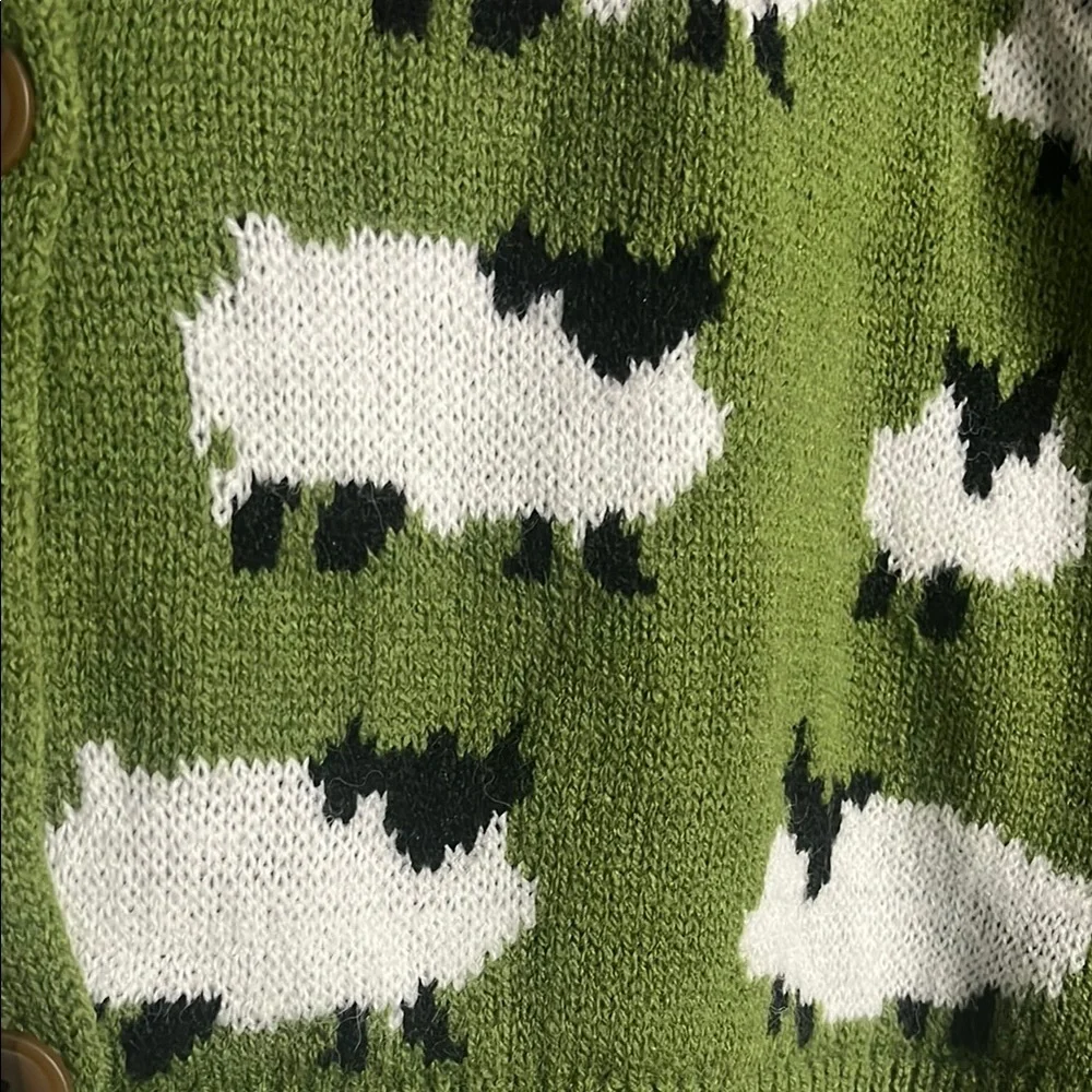 Green Sheep Pattern V-Neck Cardigan Sweater - Picture 6 of 8